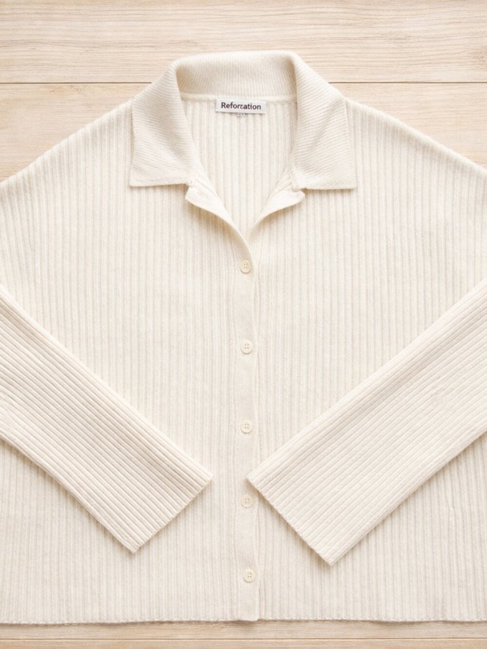 Reformation Cashmere Ribbed Cardigan Light Cream Collared Sweater  Minimalist
